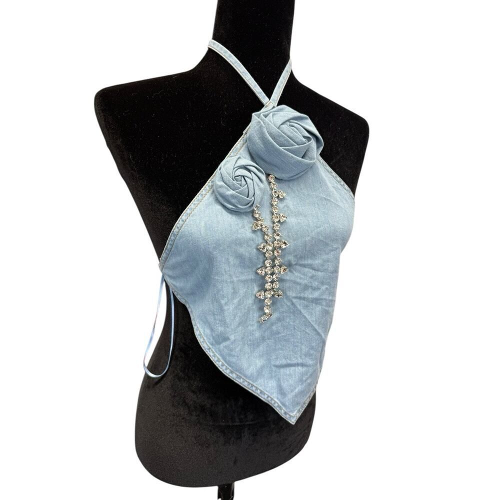 AREA Floral Appliqué Denim Halter Top Super Light Blue Medium 100% Cotton - Picture 9 of 12